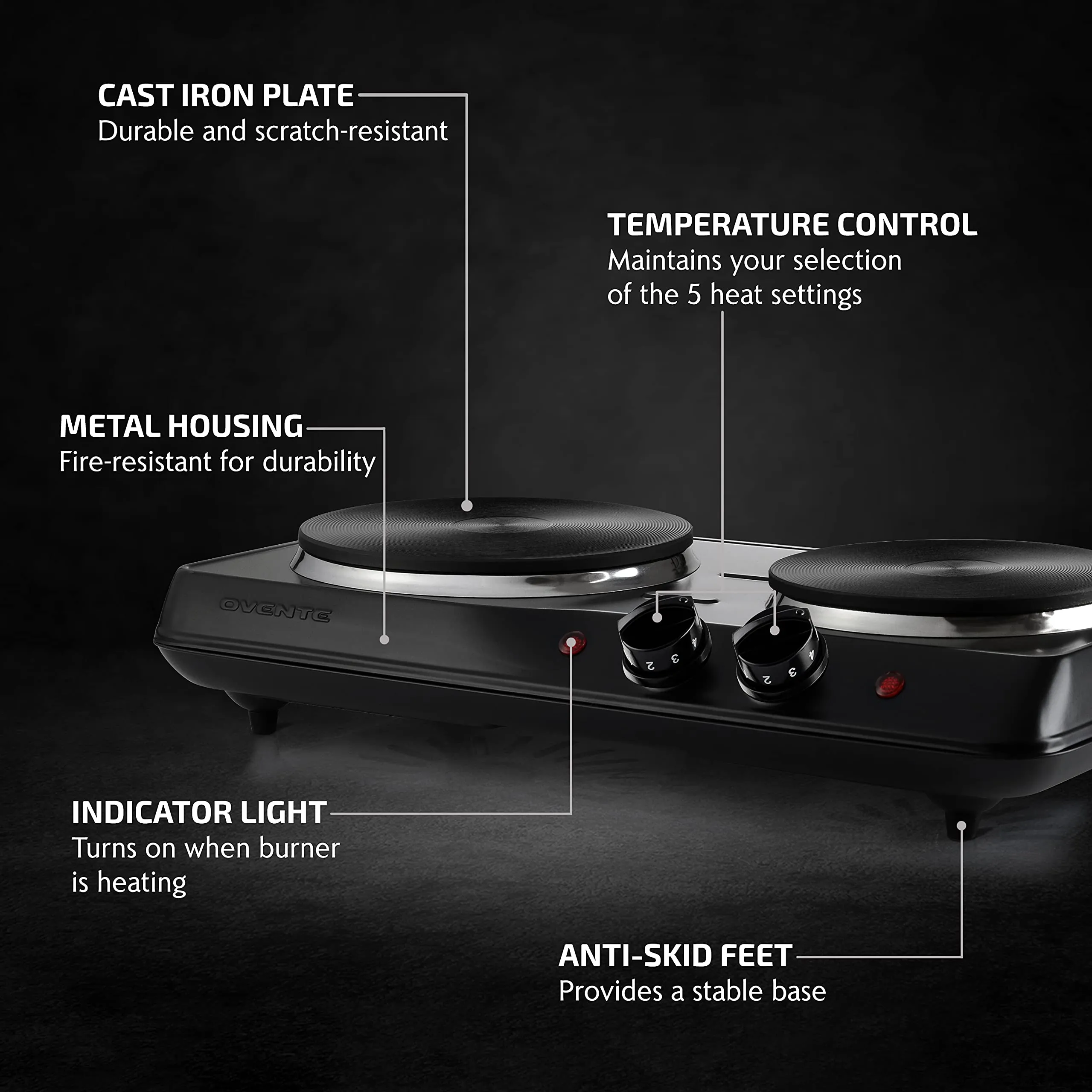 OVENTE Electric Countertop Double Burner, 1700W Cooktop with 7.25" and 6.10" Cast Iron Hot Plates, Temperature Control, Portable Cooking Stove and Easy to Clean Stainless Steel Base, Black BGS102B