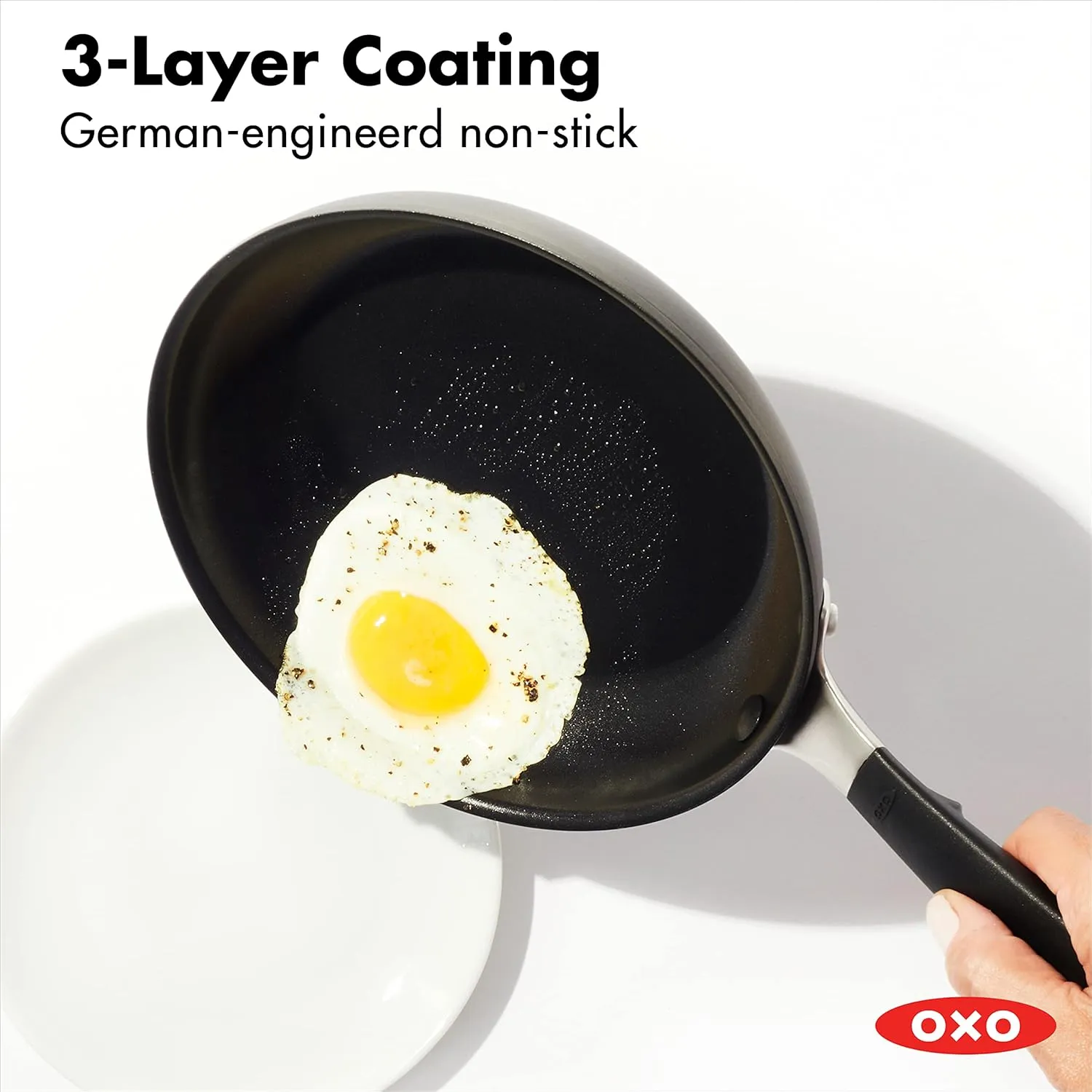 OXO Good Grips 8" Frying Pan Skillet, 3-Layered German Engineered Nonstick Coating, Stainless Steel Handle with Nonslip Silicone, Black