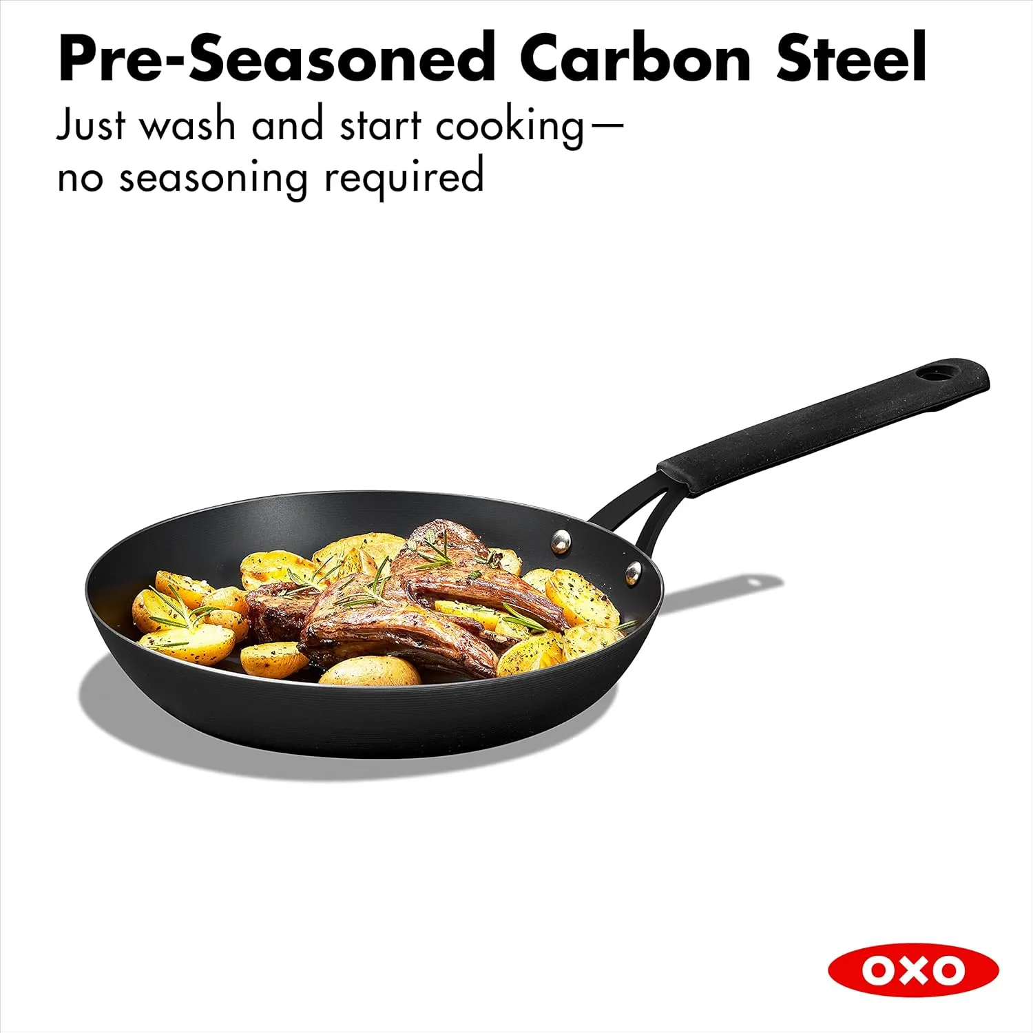 OXO Obsidian Pre-Seasoned Carbon Steel, 10" Frying Pan Skillet with Removable Silicone Handle Holder, Induction, Oven Safe, Black