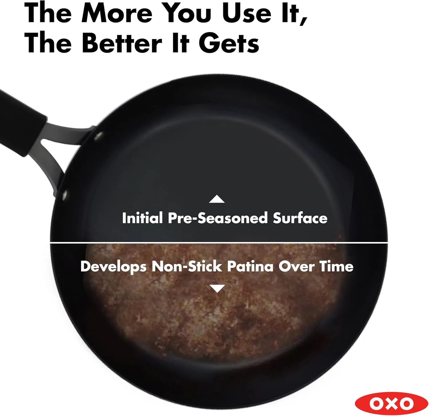 OXO Obsidian Pre-Seasoned Carbon Steel, 10" Frying Pan Skillet with Removable Silicone Handle Holder, Induction, Oven Safe, Black
