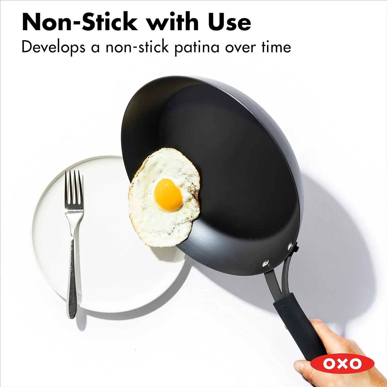 OXO Obsidian Pre-Seasoned Carbon Steel, 10" Frying Pan Skillet with Removable Silicone Handle Holder, Induction, Oven Safe, Black