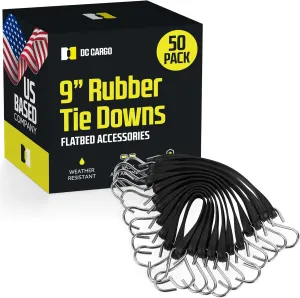 Pack of 50 Tarp Straps for Flatbed Trailers, 9" Long Natural Rubber Bungee Cord Tie-Downs Ideal for Securing Tarps, Canvases, Cargo in Cold Climates | Tie-Downs w/ Metal S-Hooks
