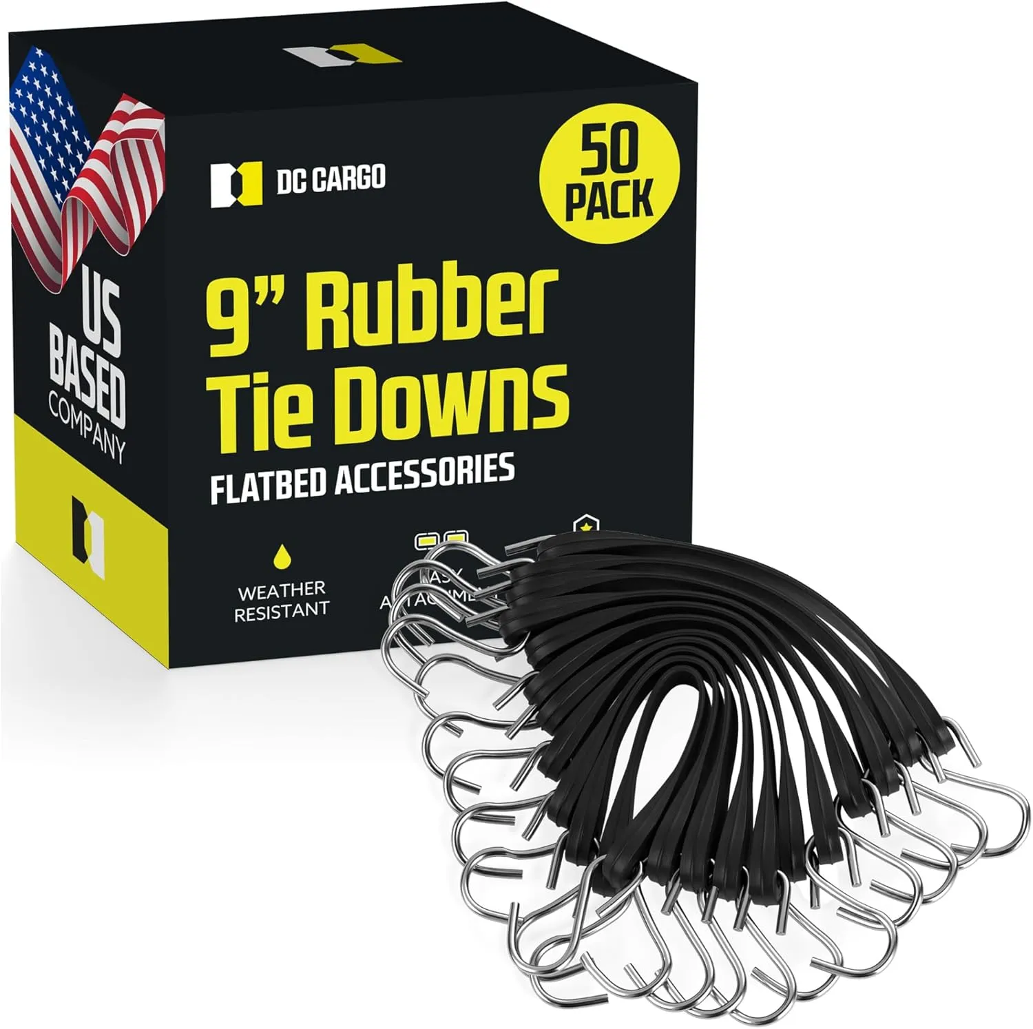 Pack of 50 Tarp Straps for Flatbed Trailers, 9" Long Natural Rubber Bungee Cord Tie-Downs Ideal for Securing Tarps, Canvases, Cargo in Cold Climates | Tie-Downs w/ Metal S-Hooks