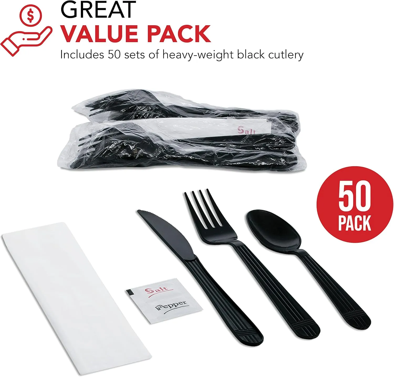 Party Essentials Individually Wrapped Plastic Cutlery Packets/Heavy Duty Silverware Kits, Fork/Spoon/Knife/Napkin/Salt/Pepper, 50 Utensils Sets, Black