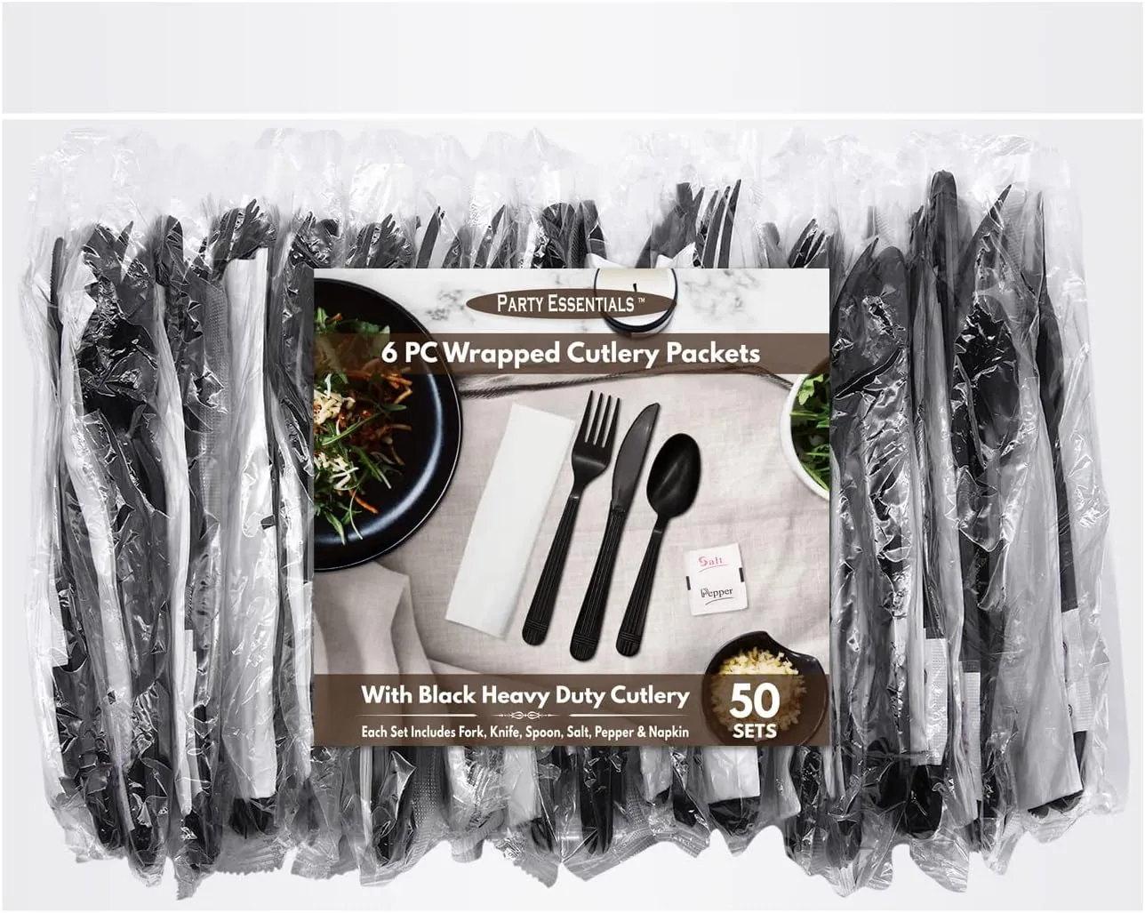 Party Essentials Individually Wrapped Plastic Cutlery Packets/Heavy Duty Silverware Kits, Fork/Spoon/Knife/Napkin/Salt/Pepper, 50 Utensils Sets, Black