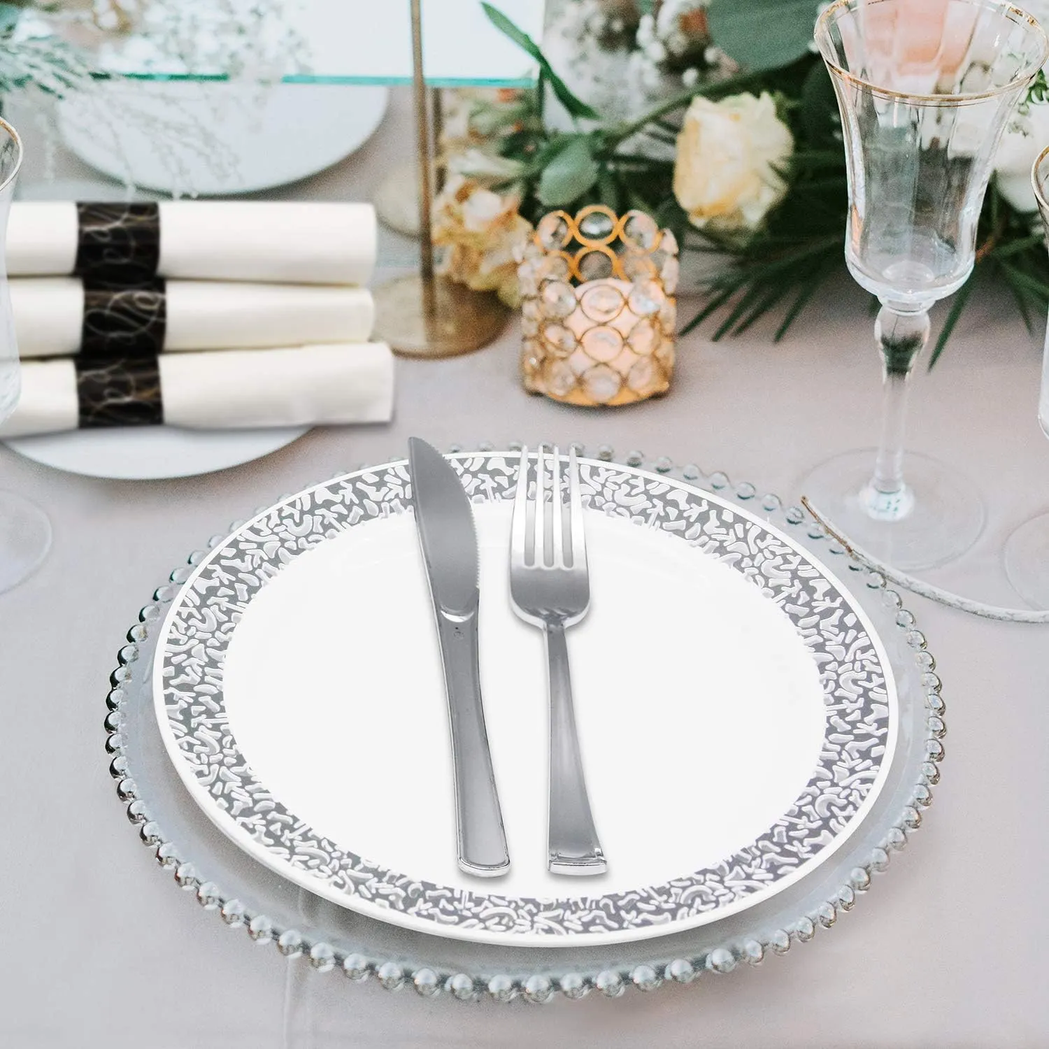 Party Essentials Party Supplies Wrapped Silverware Set Disposable, Pre Rolled Napkin and Cutlery, Forks/Knives Silver, 50 Units