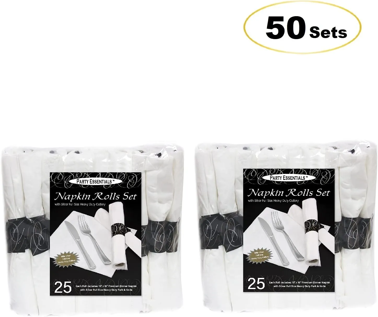 Party Essentials Party Supplies Wrapped Silverware Set Disposable, Pre Rolled Napkin and Cutlery, Forks/Knives Silver, 50 Units