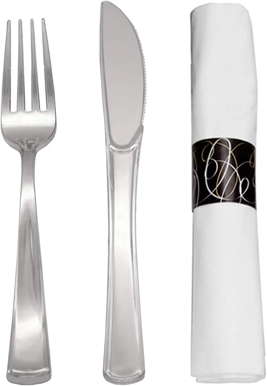 Party Essentials Party Supplies Wrapped Silverware Set Disposable, Pre Rolled Napkin and Cutlery, Forks/Knives Silver, 50 Units