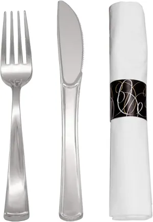 Party Essentials Party Supplies Wrapped Silverware Set Disposable, Pre Rolled Napkin and Cutlery, Forks/Knives Silver, 50 Units