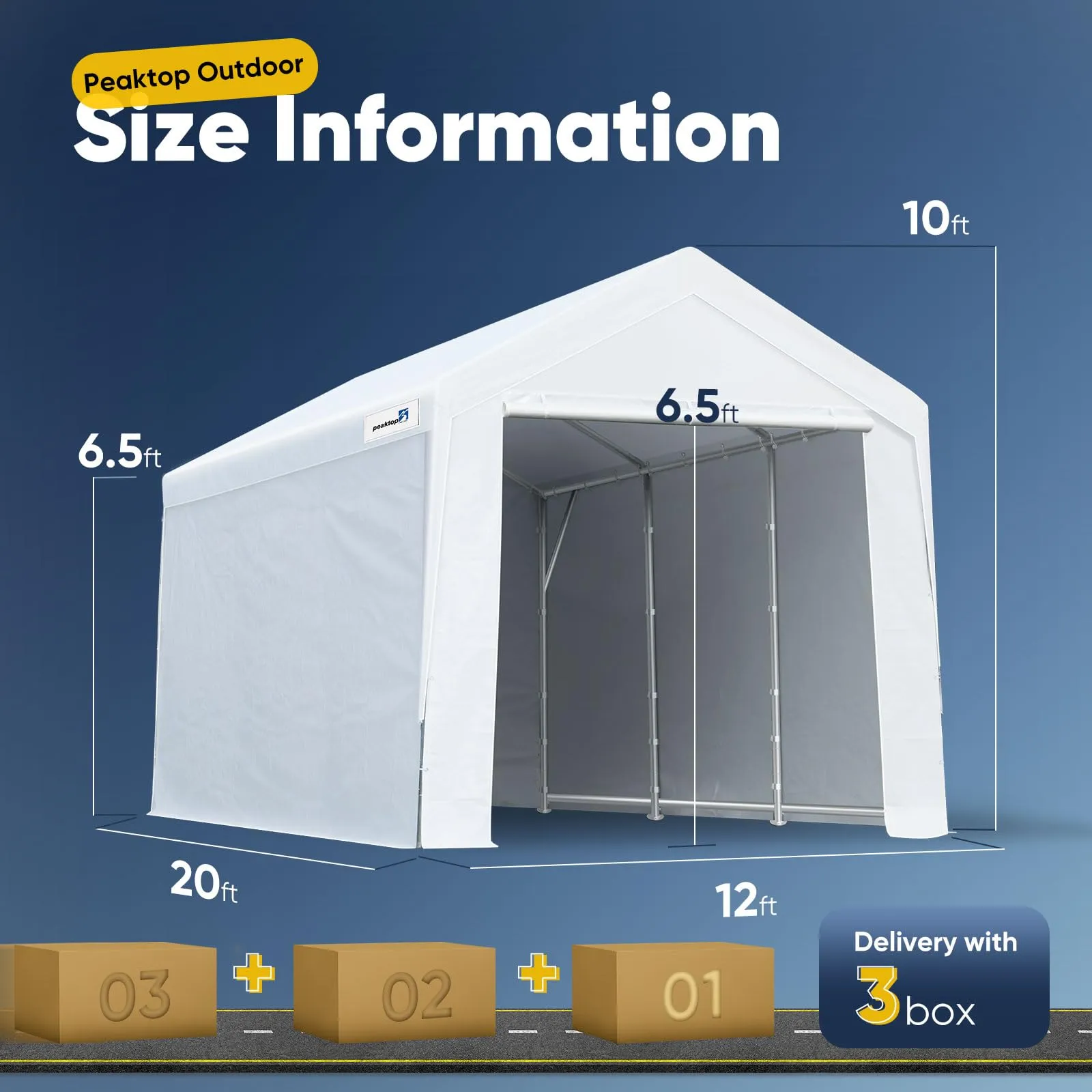 PEAKTOP OUTDOOR 12x20 ft Heavy Duty Carport with Removable Sidewalls, Portable Car Canopy, Garage Tent, Boat Shelter with Reinforced Triangular Beams, White