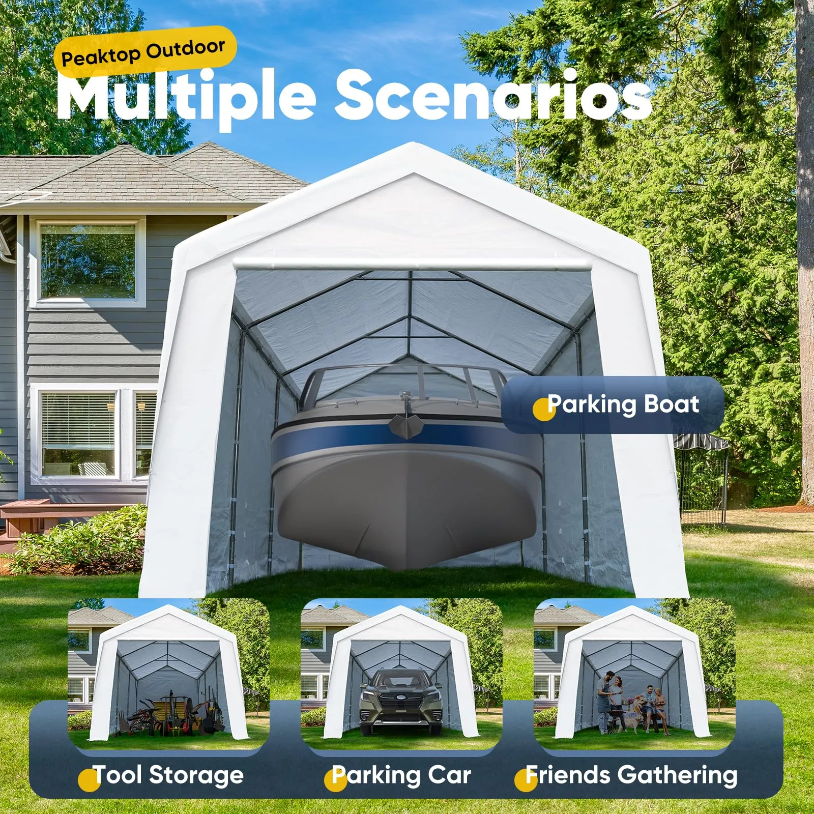 PEAKTOP OUTDOOR 12x20 ft Heavy Duty Carport with Removable Sidewalls, Portable Car Canopy, Garage Tent, Boat Shelter with Reinforced Triangular Beams, White
