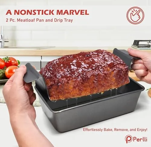 PERLLI Meat Loaf Pan with Drip Tray – 2 Pc. 9.8 x 5.7 In. High-Carbon-Steel Nonstick Meatloaf Pan with Drain Tray – Large BPA-Free Oven Loaf Pan for Baking, Bread, Cakes, Roasting Meat, & More