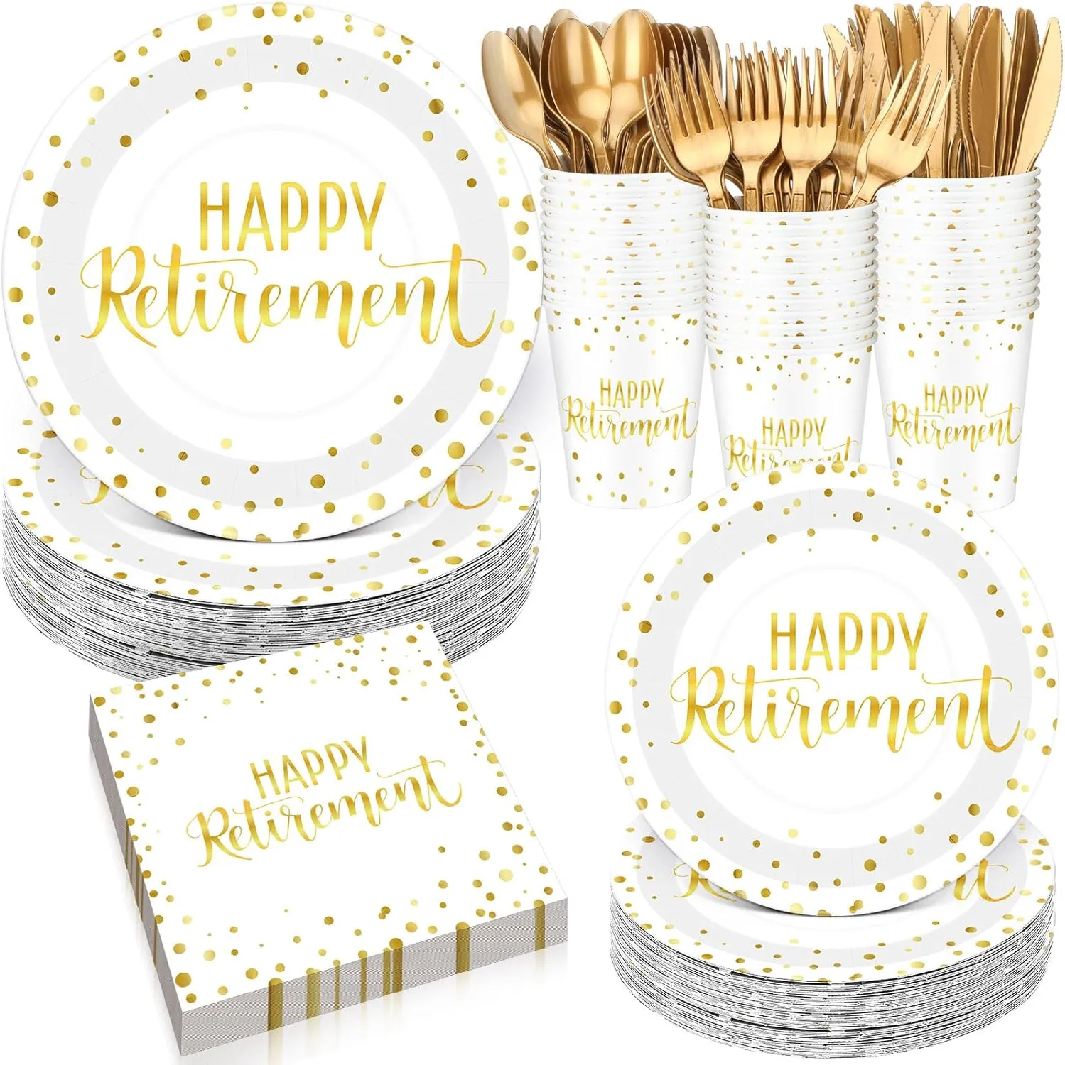 Pickmesh 192 Pcs Retirement Party Decorations Happy Retirement Paper Plates and Napkins Set with Cups and Knife Fork Spoon,Farewell Party Disposable Tableware for 24 Guest Women Men(White)