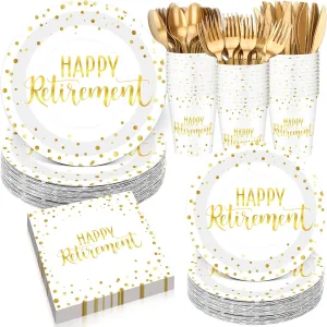 Pickmesh 192 Pcs Retirement Party Decorations Happy Retirement Paper Plates and Napkins Set with Cups and Knife Fork Spoon,Farewell Party Disposable Tableware for 24 Guest Women Men(White)