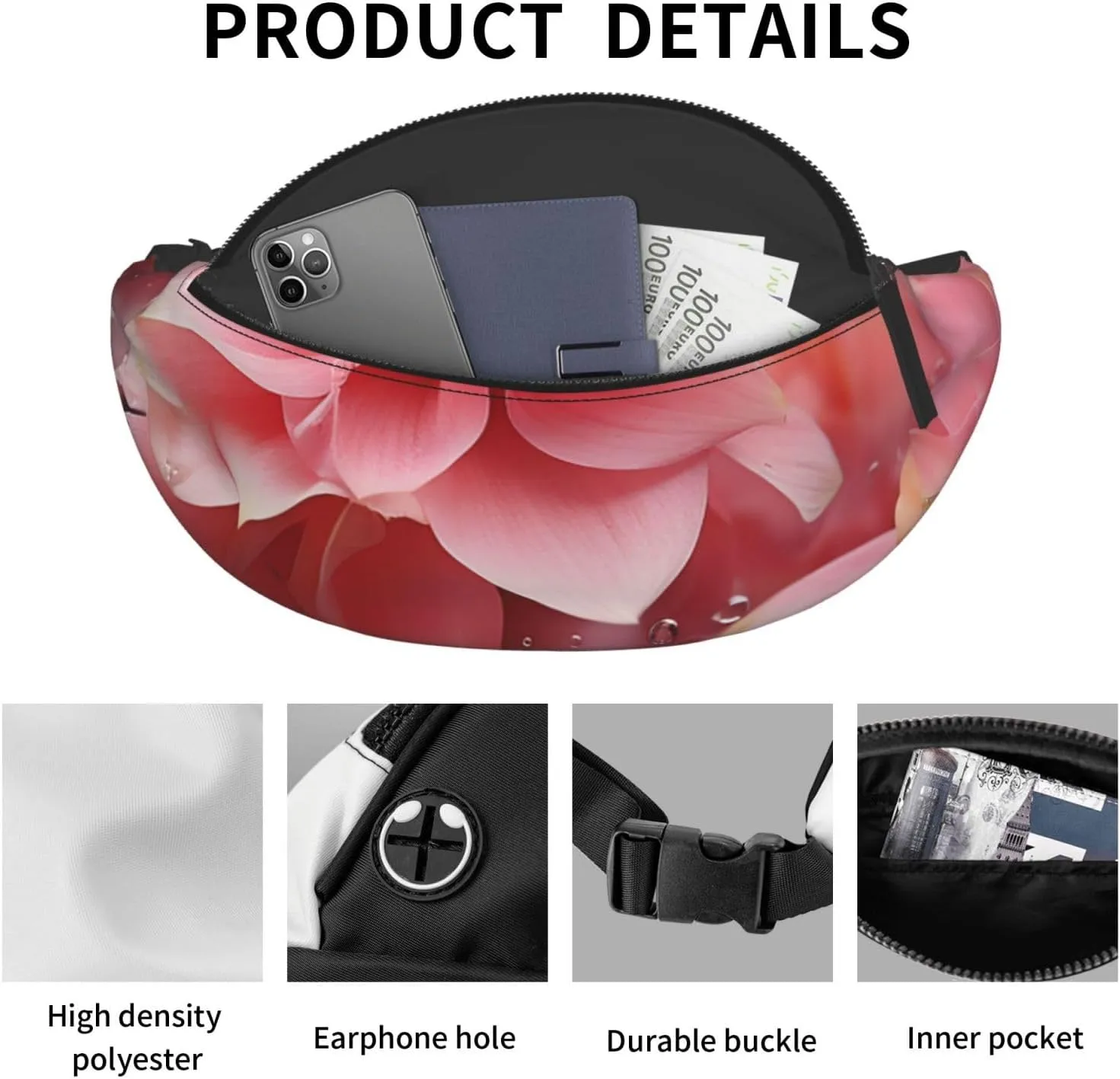 Pink Petals Fanny Pack for Man Women Waist Bag Adjustable Belt Casual Chest Bag Bum Bags for Travel Sports Running Hiking Waist Packs