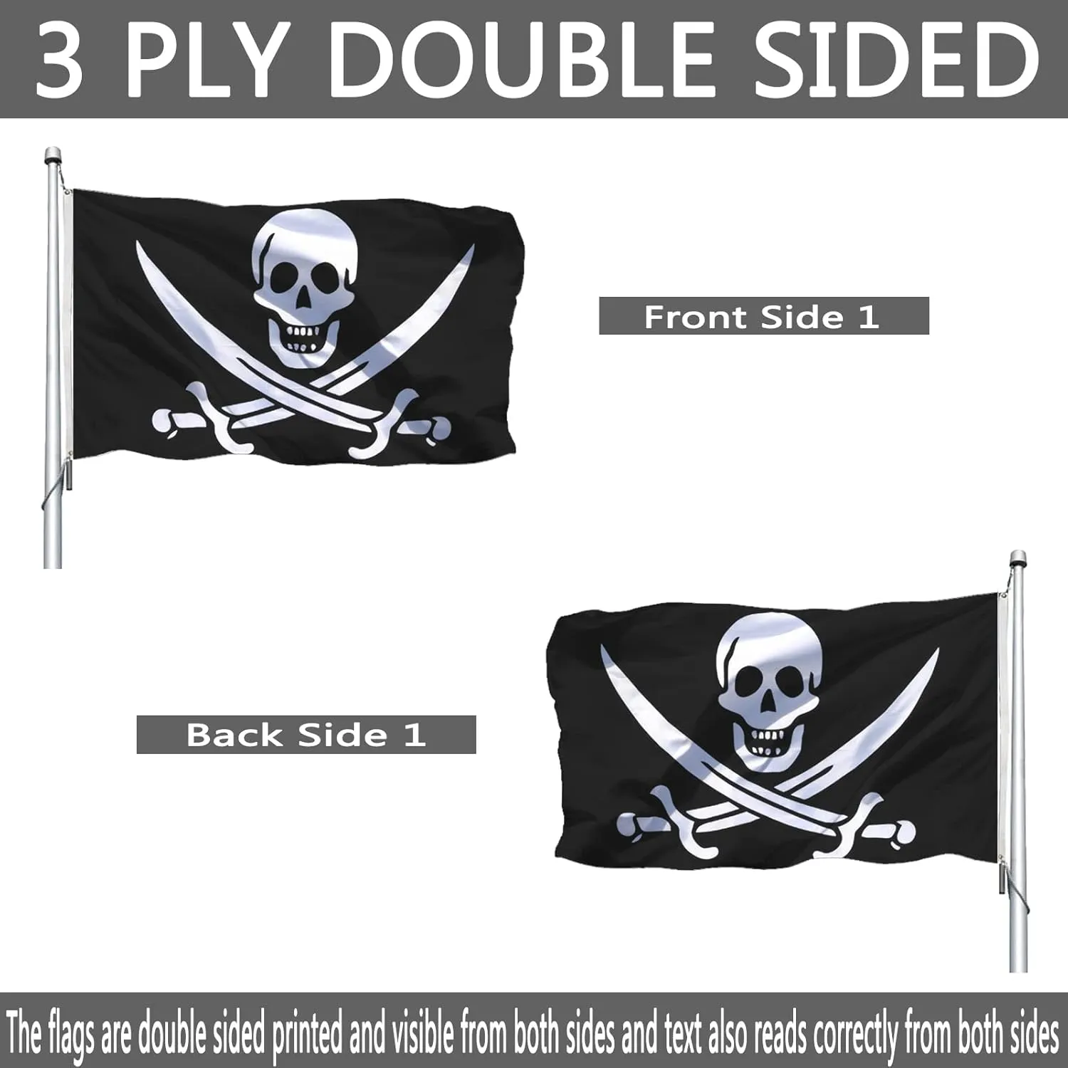 Pirate Jolly Roger Flag 4x6 Outdoor Double Sided- Heavy Duty Beach Decor Jack Rackham Skull Bones with Cross Knife Flags with 2 Brass Grommets 4 Rows Stitched