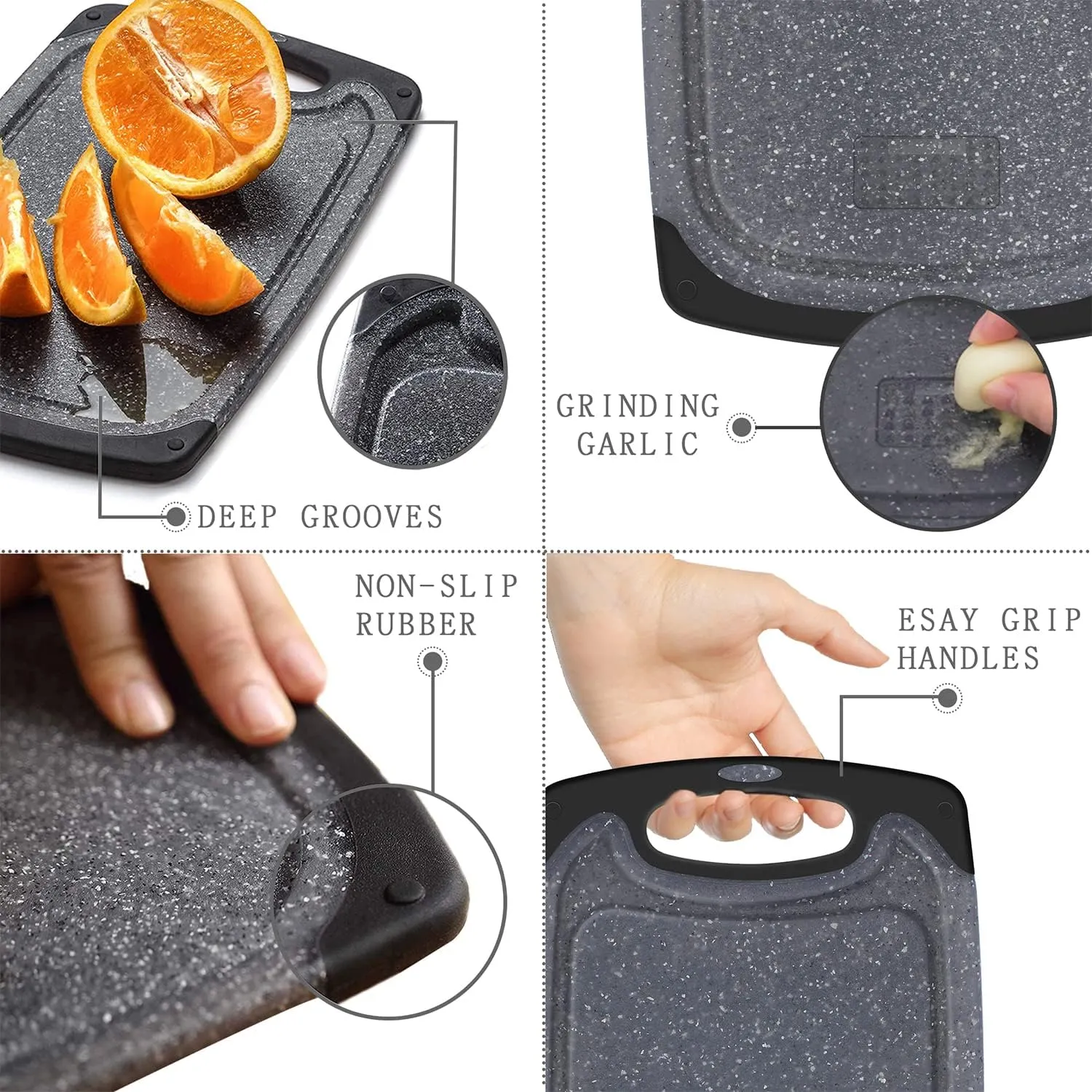 Plastic Cutting Board, 3 Pieces Dishwasher Safe Cutting Boards with Juice Grooves, Easy Grip Handle, Non-Slip, with Grinding Area for Grinding Garlic and Ginger（Dark Grey, XL）