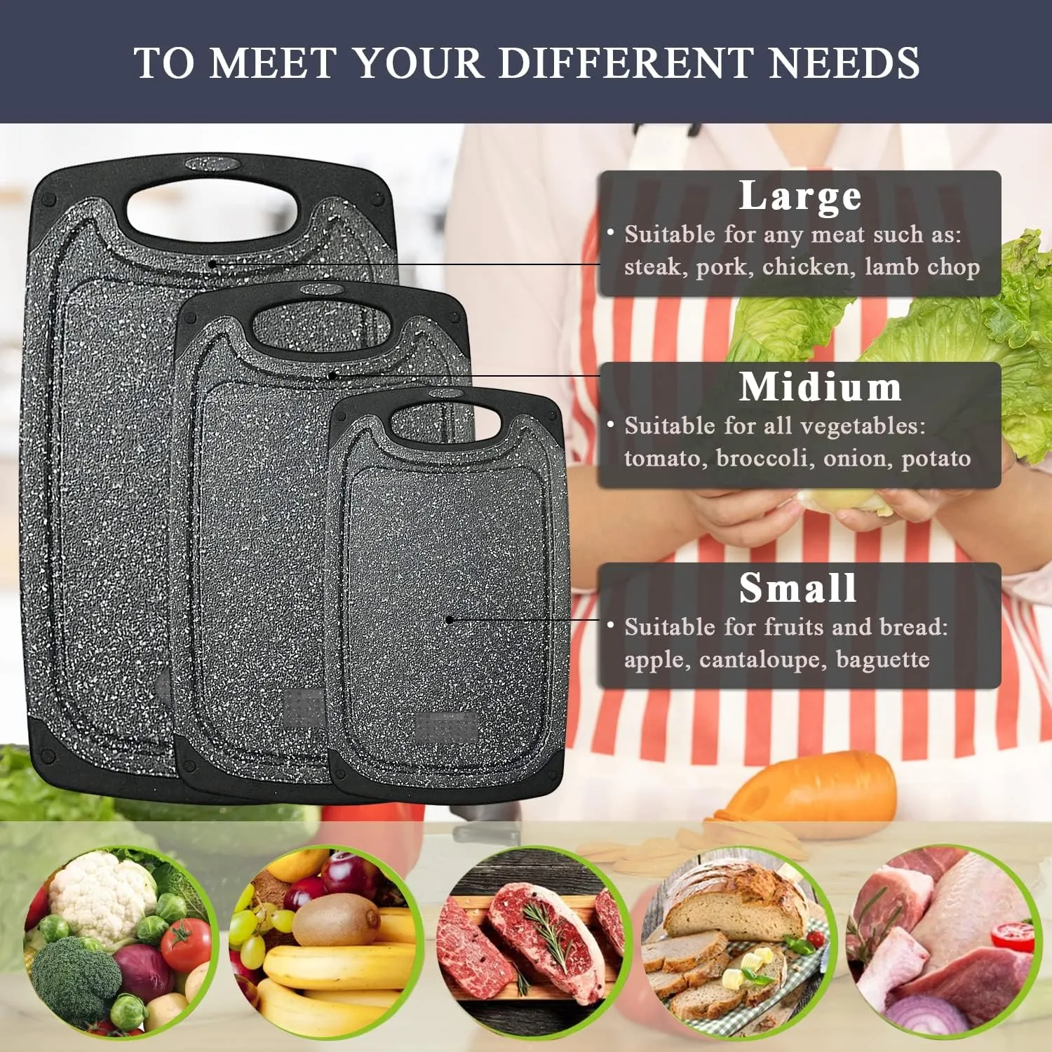 Plastic Cutting Board, 3 Pieces Dishwasher Safe Cutting Boards with Juice Grooves, Easy Grip Handle, Non-Slip, with Grinding Area for Grinding Garlic and Ginger（Dark Grey, XL）