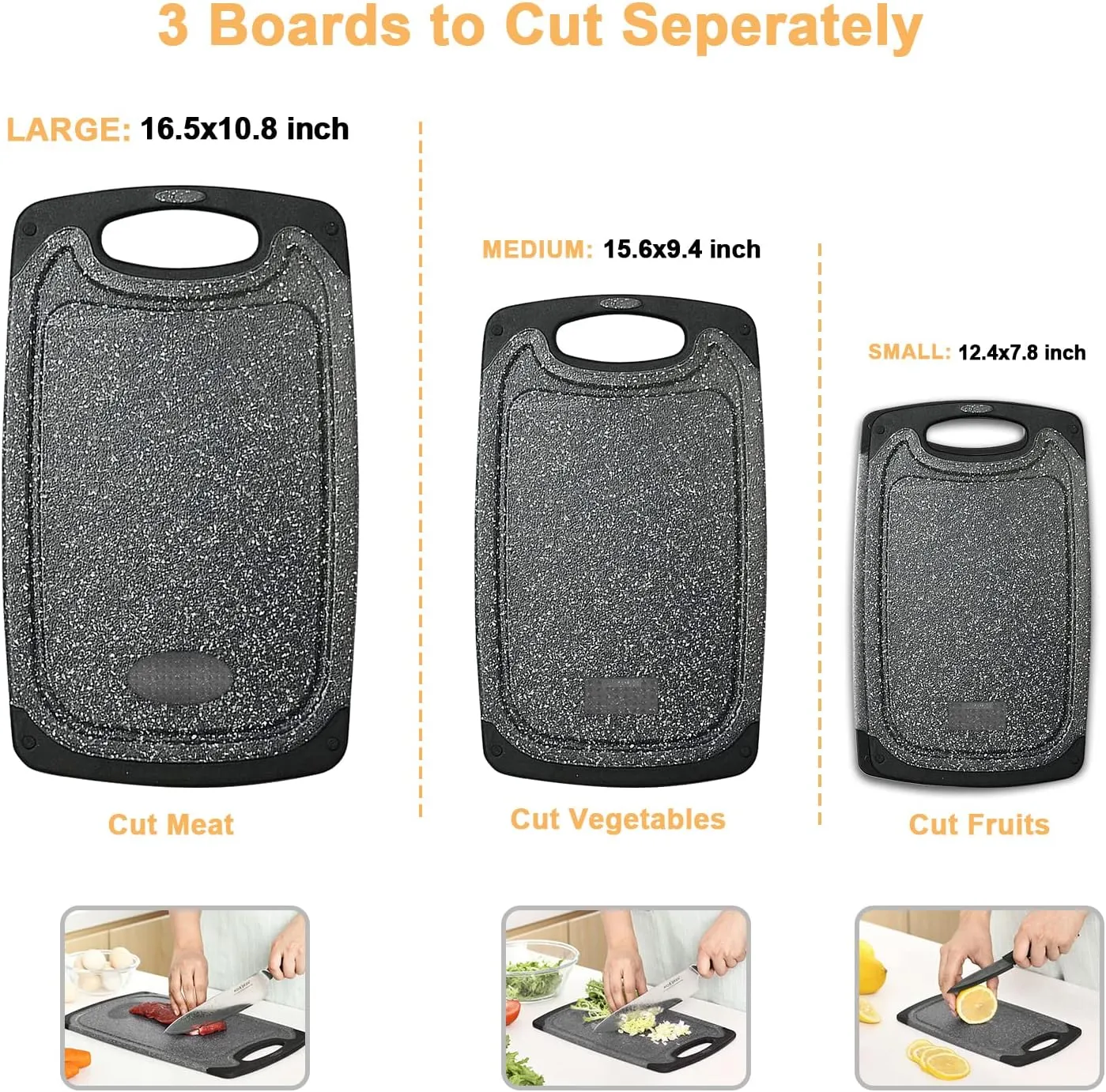 Plastic Cutting Board, 3 Pieces Dishwasher Safe Cutting Boards with Juice Grooves, Easy Grip Handle, Non-Slip, with Grinding Area for Grinding Garlic and Ginger（Dark Grey, XL）