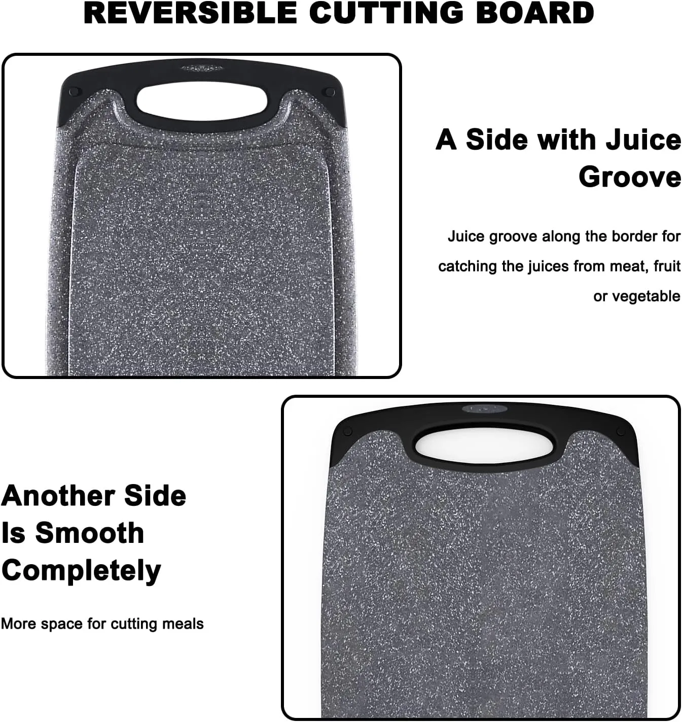 Plastic Cutting Board, 3 Pieces Dishwasher Safe Cutting Boards with Juice Grooves, Easy Grip Handle, Non-Slip, with Grinding Area for Grinding Garlic and Ginger（Dark Grey, XL）