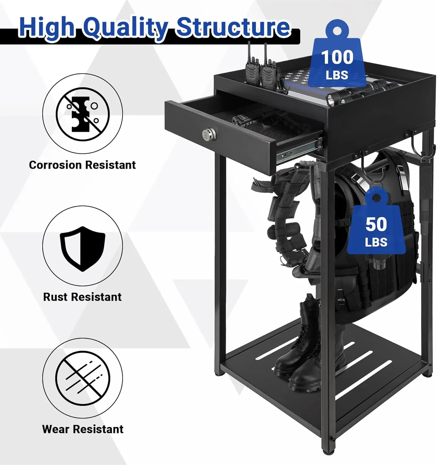 Police Gear Rack, Police Hanger with Hooks, Tactical Duty Gear Rack Decor with Thin Blue Line Flag, Black Body Armor Stand for Police Gift