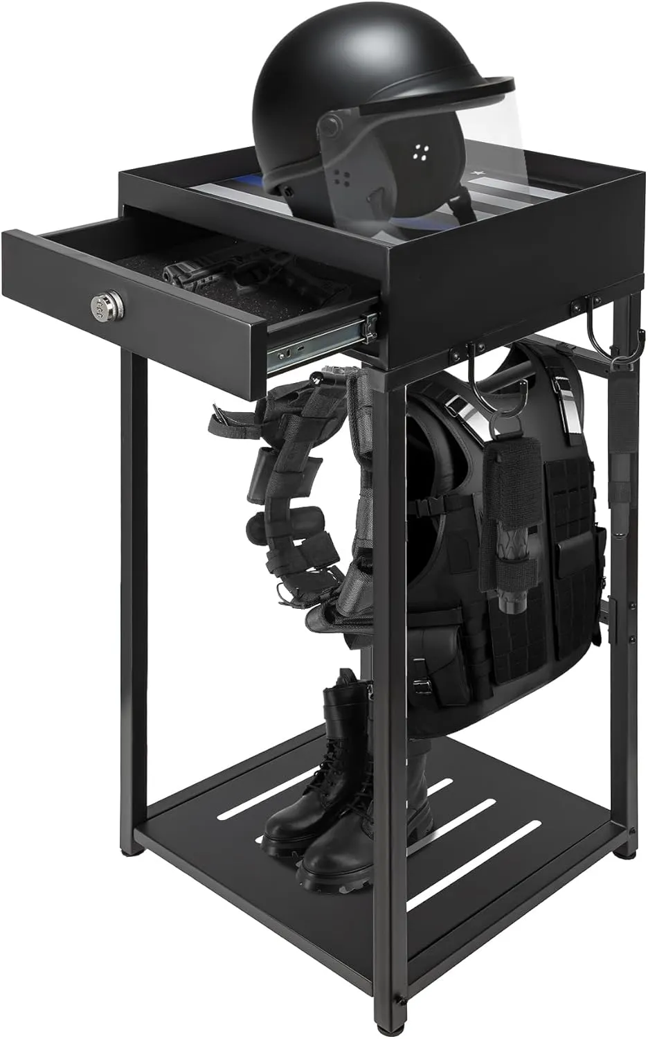 Police Gear Rack, Police Hanger with Hooks, Tactical Duty Gear Rack Decor with Thin Blue Line Flag, Black Body Armor Stand for Police Gift