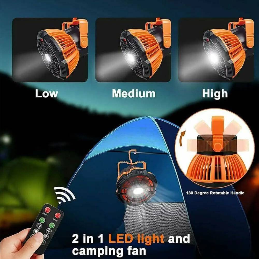 Portable Camping Fan LED Light Rechargeable Outdoor Tent Lantern w/ Hook Remote
