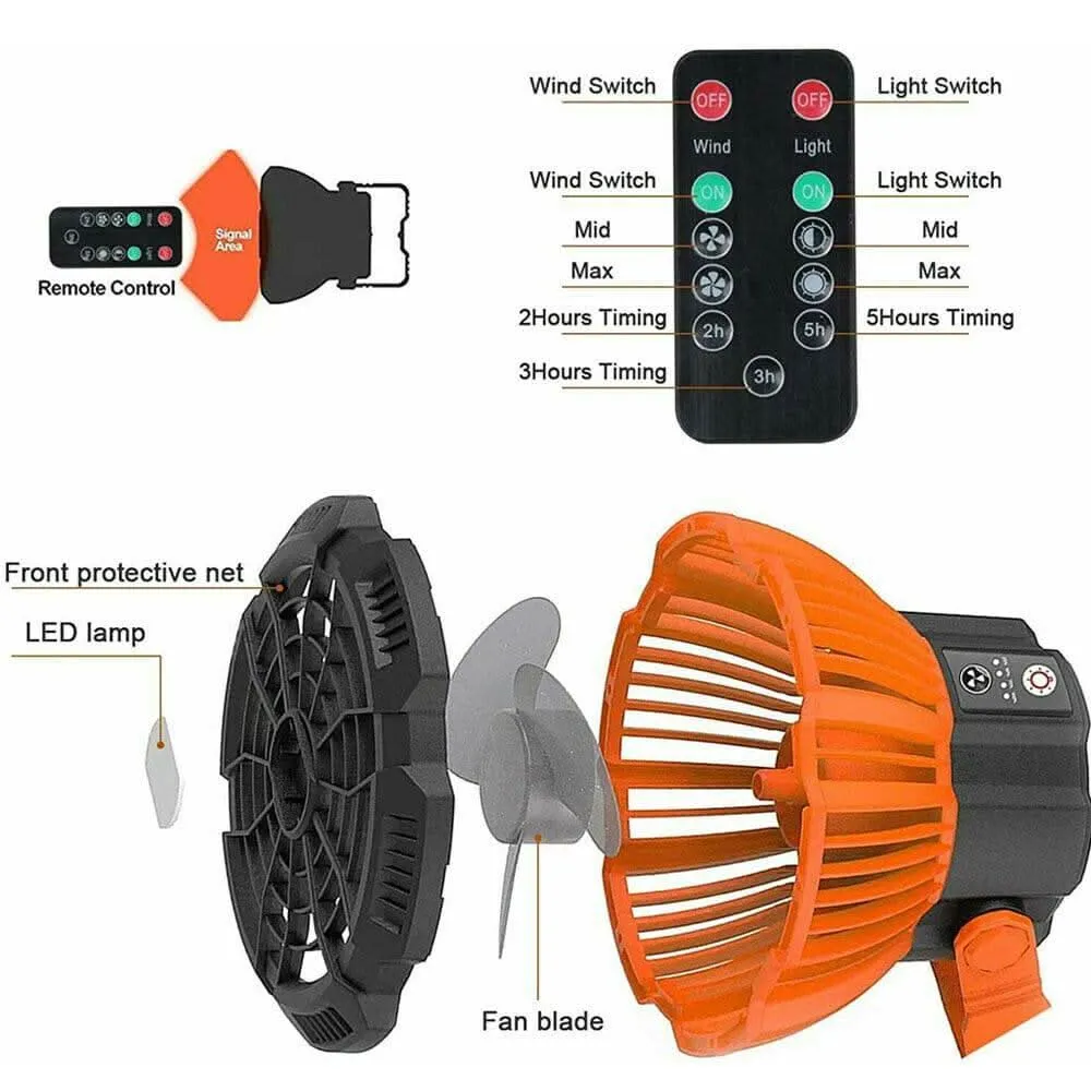 Portable Camping Fan LED Light Rechargeable Outdoor Tent Lantern w/ Hook Remote