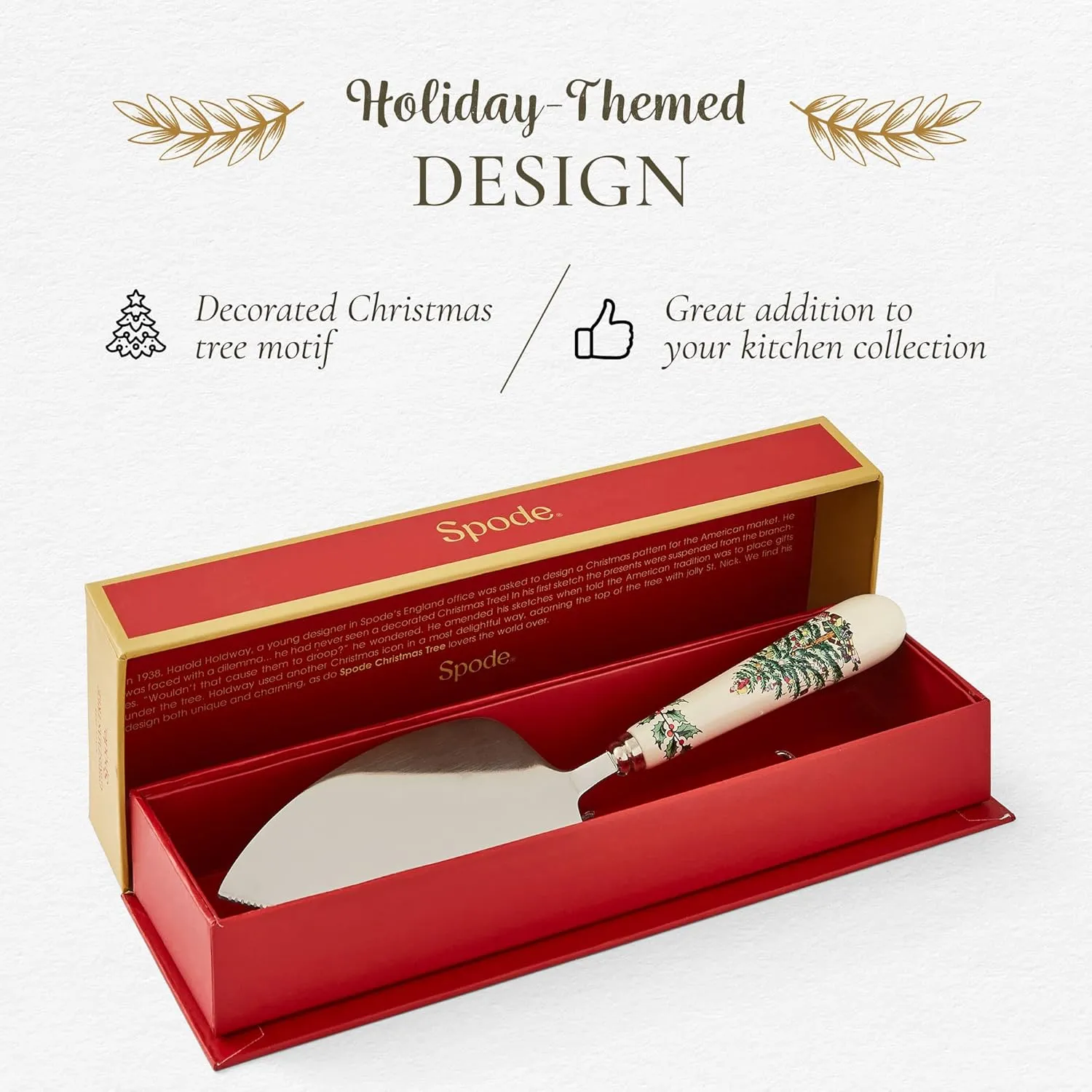 Portmeirion Christmas Tree Cake Server, 10-Inch Stainless Steel Cake Knife with Fine Porcelain Handle, Holiday Dessert Flatware, Festive Christmas Utensil, Elegant Holiday Table Setting Addition