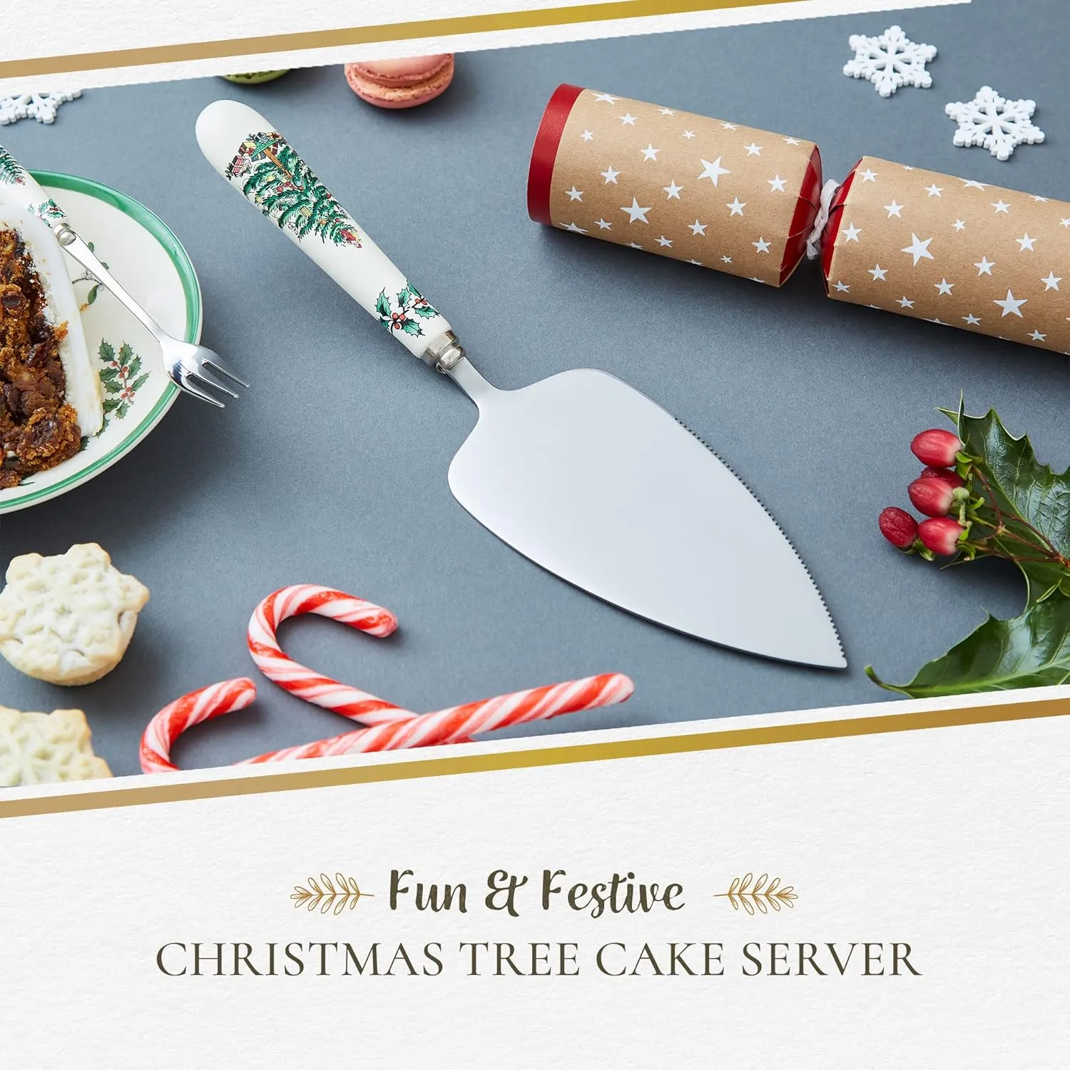 Portmeirion Christmas Tree Cake Server, 10-Inch Stainless Steel Cake Knife with Fine Porcelain Handle, Holiday Dessert Flatware, Festive Christmas Utensil, Elegant Holiday Table Setting Addition