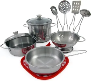 PowerTRC Real Steel Kid Pots and Pans Play Set for Toddlers| Pretend Kitchen Cooking Dress Up Mini Pots and Pans Toy Set for Ages 3 