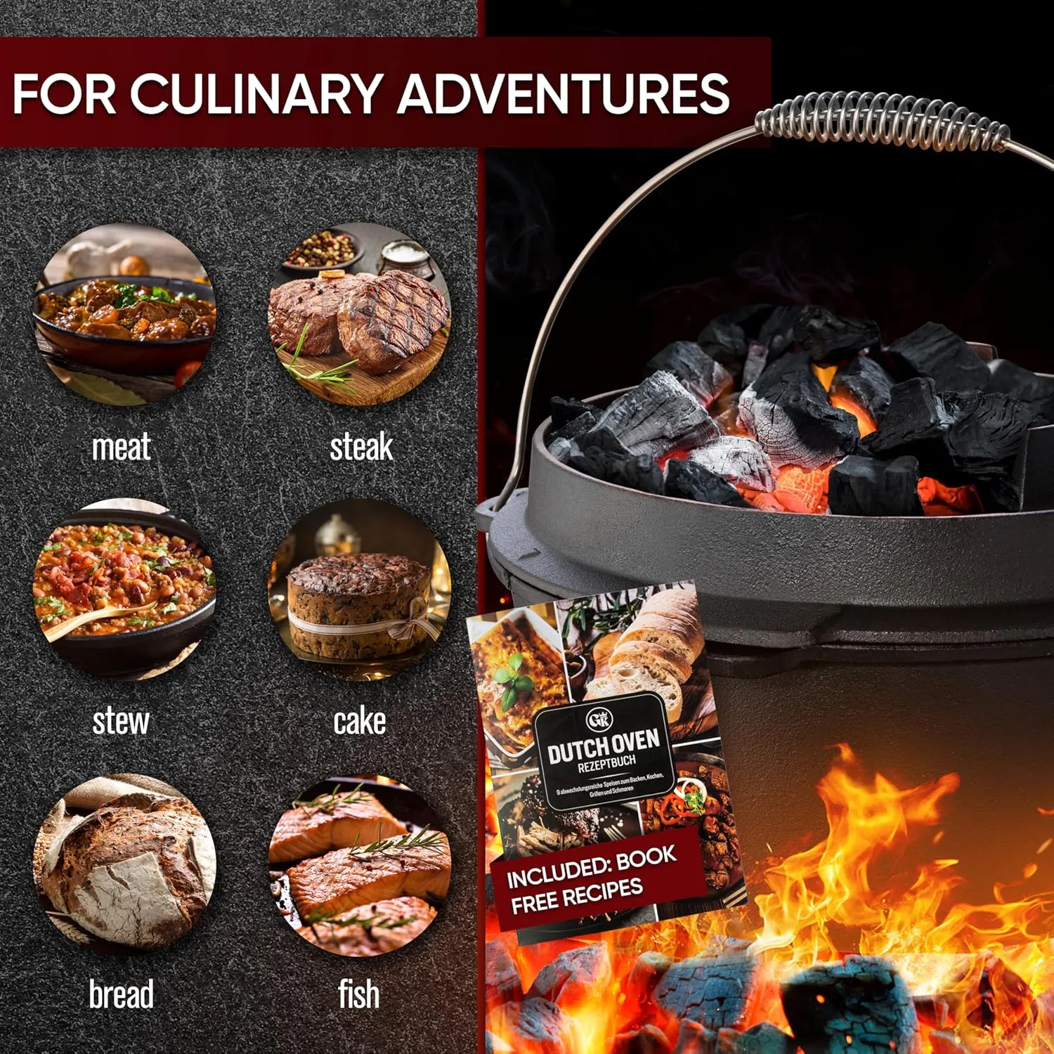 Pre-Seasoned Dutch Oven Set - 9 Quart Cast Iron Dutch Oven Pot with Lid, Fire Pot without Feet for Bread Baking & Cooking - Includes 2-in-1 Lid Lifter, Brush & Recipe Book [for 4-7 People]