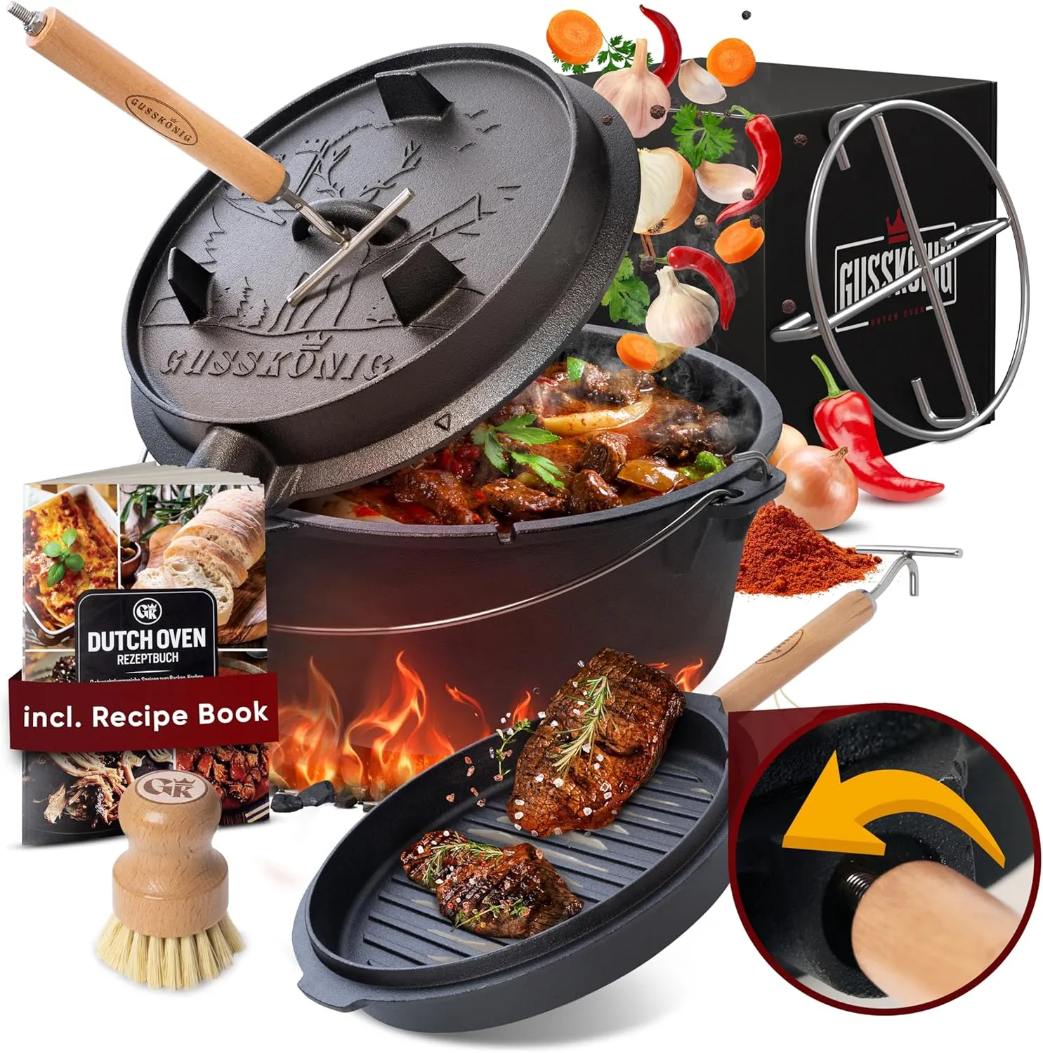 Pre-Seasoned Dutch Oven Set - 9 Quart Cast Iron Dutch Oven Pot with Lid, Fire Pot without Feet for Bread Baking & Cooking - Includes 2-in-1 Lid Lifter, Brush & Recipe Book [for 4-7 People]