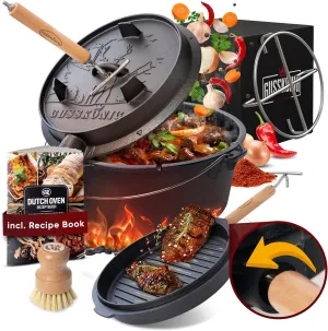 Pre-Seasoned Dutch Oven Set - 9 Quart Cast Iron Dutch Oven Pot with Lid, Fire Pot without Feet for Bread Baking & Cooking - Includes 2-in-1 Lid Lifter, Brush & Recipe Book [for 4-7 People]