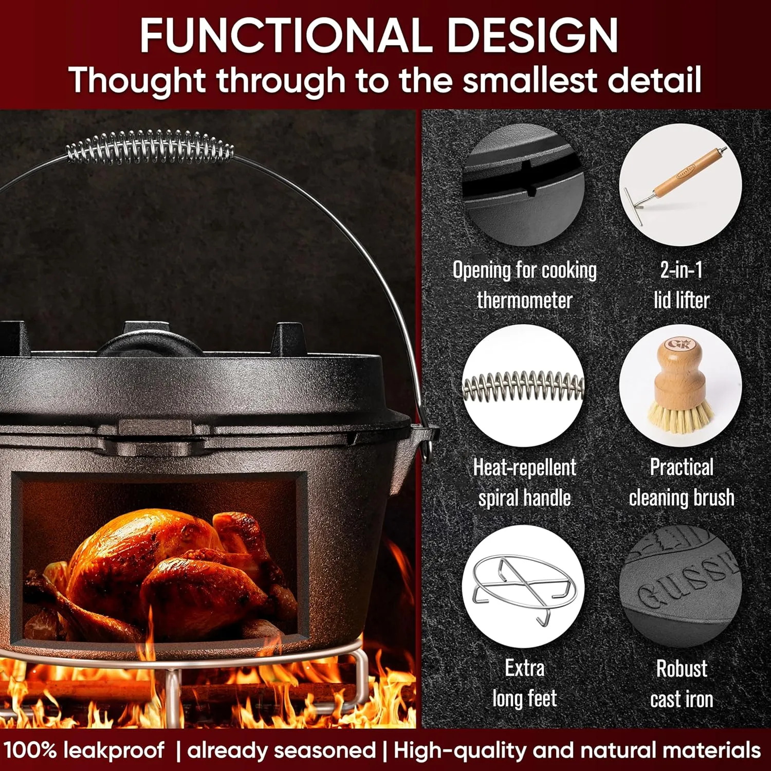 Pre-Seasoned Dutch Oven Set - 9 Quart Cast Iron Dutch Oven Pot with Lid, Fire Pot without Feet for Bread Baking & Cooking - Includes 2-in-1 Lid Lifter, Brush & Recipe Book [for 4-7 People]