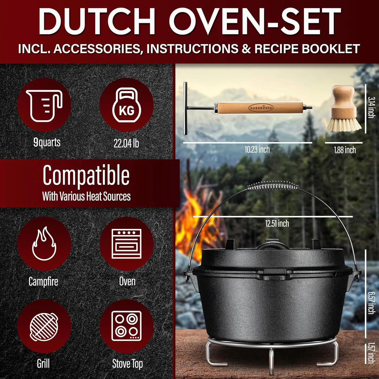 Pre-Seasoned Dutch Oven Set - 9 Quart Cast Iron Dutch Oven Pot with Lid, Fire Pot without Feet for Bread Baking & Cooking - Includes 2-in-1 Lid Lifter, Brush & Recipe Book [for 4-7 People]