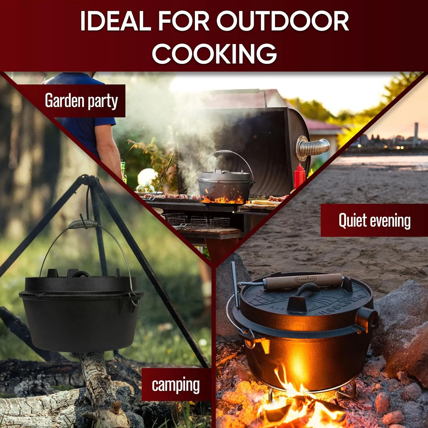 Pre-Seasoned Dutch Oven Set - 9 Quart Cast Iron Dutch Oven Pot with Lid, Fire Pot without Feet for Bread Baking & Cooking - Includes 2-in-1 Lid Lifter, Brush & Recipe Book [for 4-7 People]