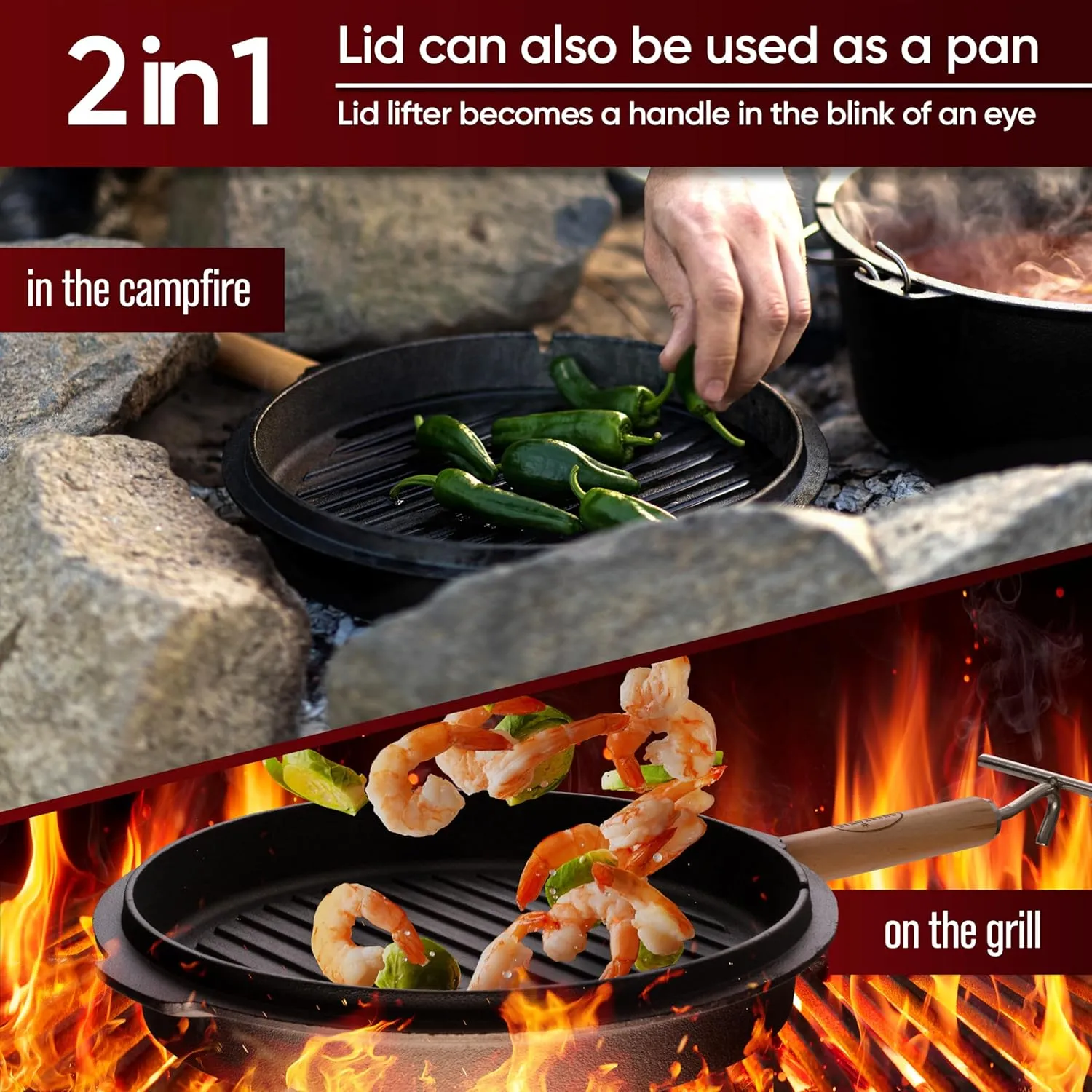 Pre-Seasoned Dutch Oven Set - 9 Quart Cast Iron Dutch Oven Pot with Lid, Fire Pot without Feet for Bread Baking & Cooking - Includes 2-in-1 Lid Lifter, Brush & Recipe Book [for 4-7 People]