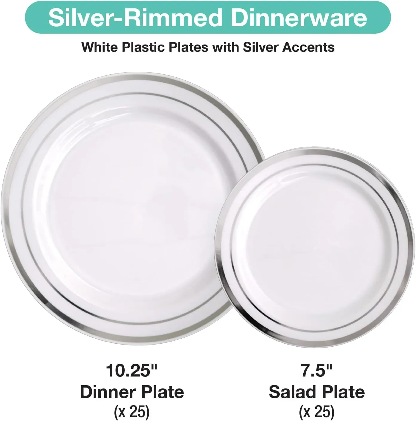 Pre Wrapped Cutlery Set- 25 sets of Fork, Knife, Spoon wrapped in a napkin - 25 Small Plates- 25 Big Plates (Silver)