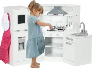Qaba Wooden Play Kitchen Set for Toddler, Kids Pretend Play Toy Kitchen with Lights Sounds, Apron and Chef Hat, Ice Maker, Detachable Wash Basin, Utensils, Range Hood, Ages 3-6 Years Old, White