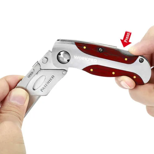 Quick-Change Utility Knife Back Lock Folding Knife w/Clip 	w/Wood Grain Handle