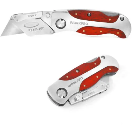 Quick-Change Utility Knife Back Lock Folding Knife w/Clip 	w/Wood Grain Handle