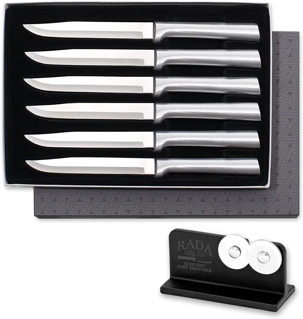RADA Cutlery 6-piece Utility Steak Knife Gift Set with Quick Edge Sharpener, Silver Handles