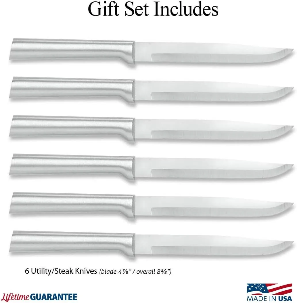 RADA Cutlery 6-piece Utility Steak Knife Gift Set with Quick Edge Sharpener, Silver Handles
