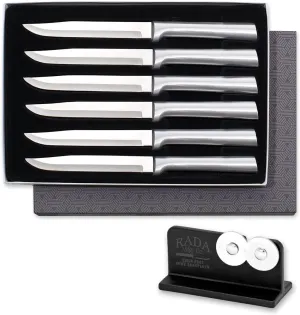 RADA Cutlery 6-piece Utility Steak Knife Gift Set with Quick Edge Sharpener, Silver Handles