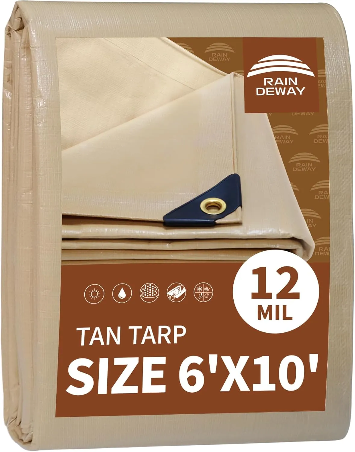 RAINDEWAY 6x10 Feet Heavy Duty 12 Mil Tan Poly Tarp Cover,UV Resistant,Weatherproof,Durable,Multipurpose Waterproof Small Tarp with Grommets and Reinforced Edges