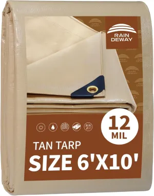 RAINDEWAY 6x10 Feet Heavy Duty 12 Mil Tan Poly Tarp Cover,UV Resistant,Weatherproof,Durable,Multipurpose Waterproof Small Tarp with Grommets and Reinforced Edges