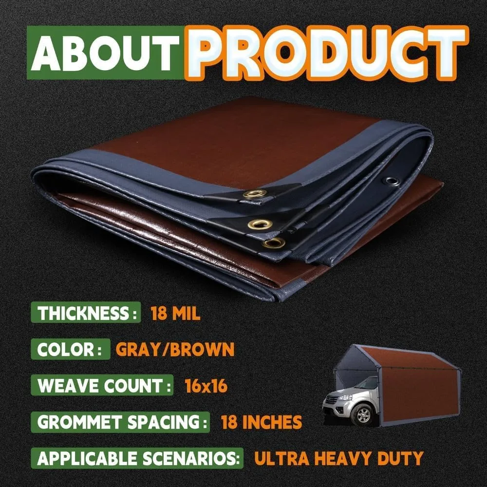 RAINDEWAY 6x15 Feet Super Heavy Duty Tarp 18 Mil, UV Resistant, Weatherproof, Multipurpose Waterproof Poly Tarp with Grommets and Reinforced Edges, Brown/Gray Tarps