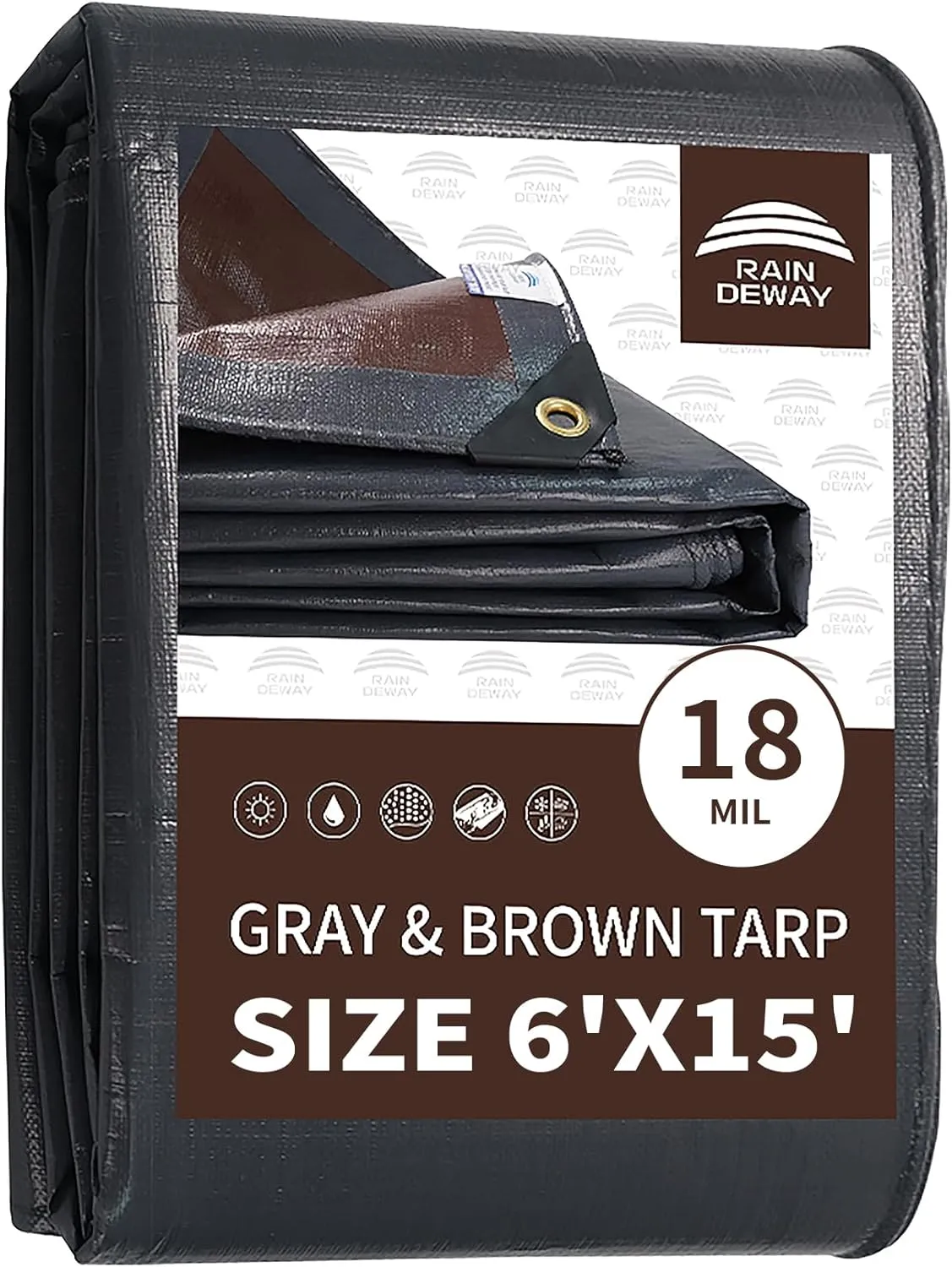 RAINDEWAY 6x15 Feet Super Heavy Duty Tarp 18 Mil, UV Resistant, Weatherproof, Multipurpose Waterproof Poly Tarp with Grommets and Reinforced Edges, Brown/Gray Tarps