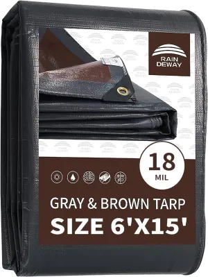 RAINDEWAY 6x15 Feet Super Heavy Duty Tarp 18 Mil, UV Resistant, Weatherproof, Multipurpose Waterproof Poly Tarp with Grommets and Reinforced Edges, Brown/Gray Tarps